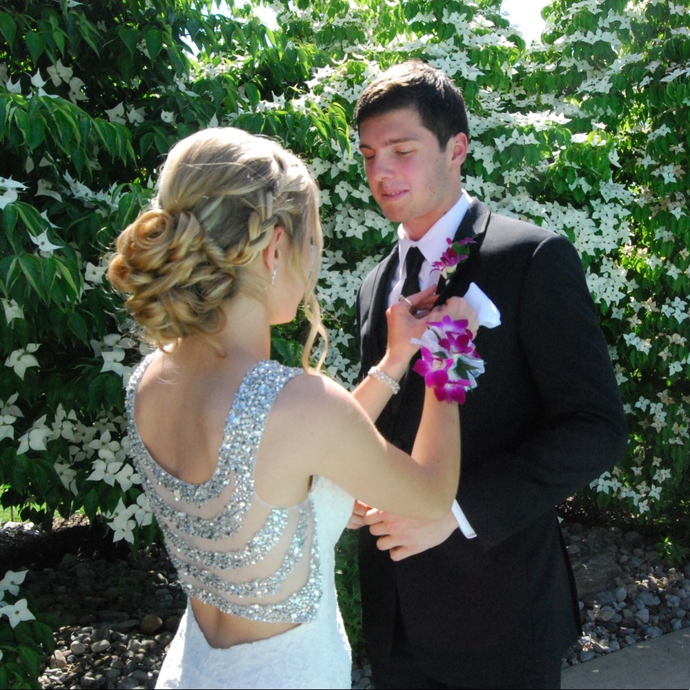 White Lace Prom Dress with Beaded Back